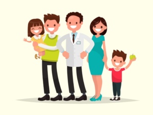 a cartoon image of a dentist and family